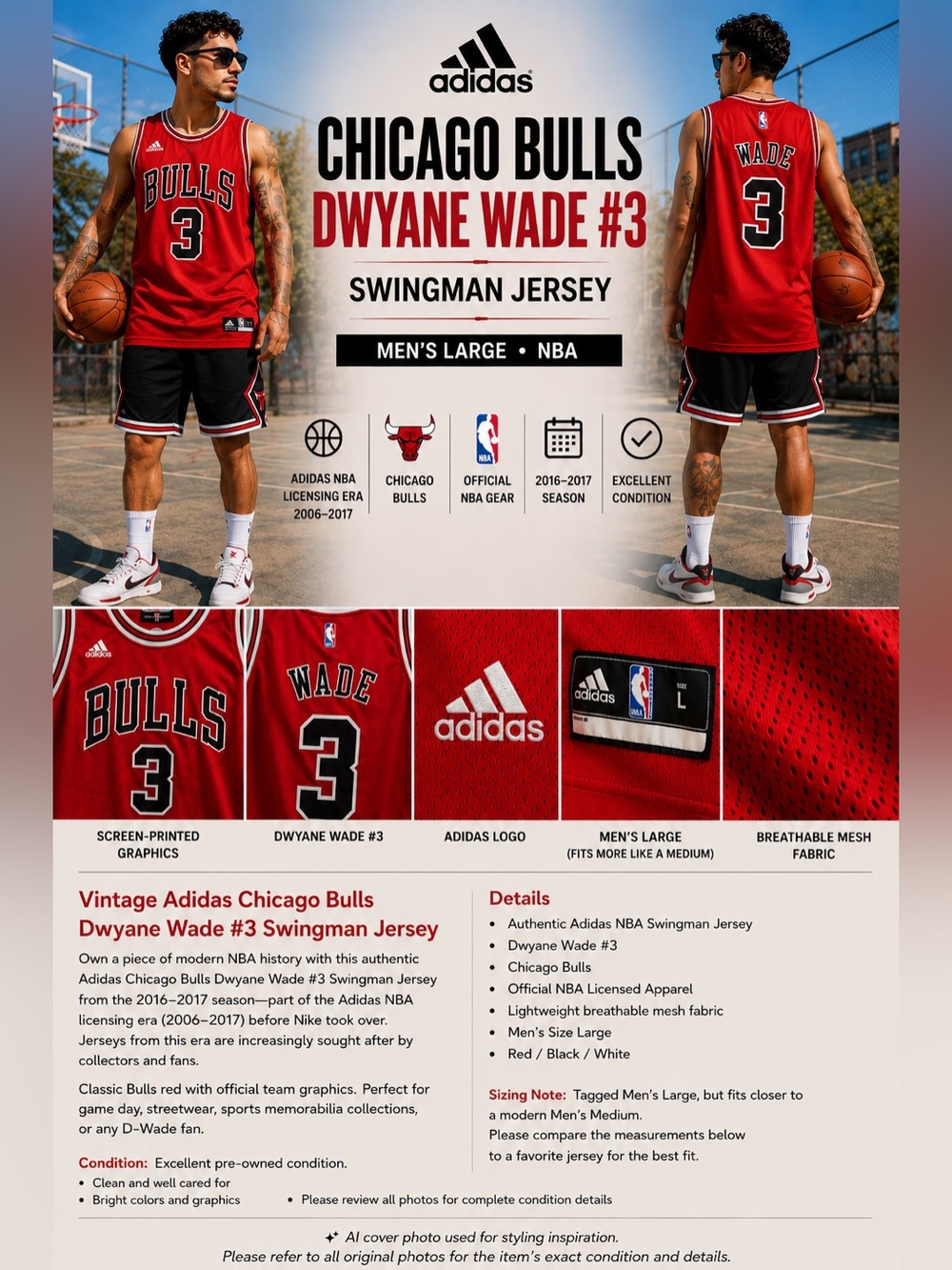Vintage Adidas Chicago Bulls Dwyane Wade #3 Swingman Jersey Mens L NBA 2016-17